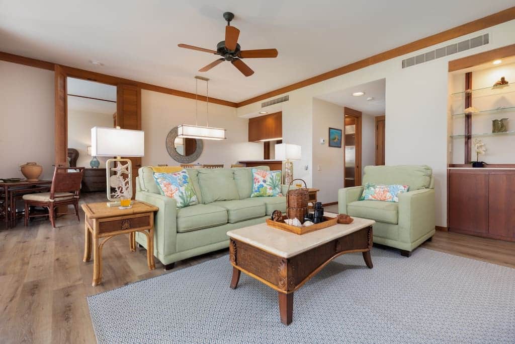 The comfortable living area has a pull-out sofa