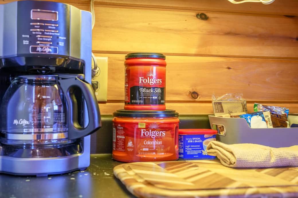 We sure do love our coffee at the Cast Iron cabin, always stocked with many different kinds of coffee and creamers for your enjoyment.