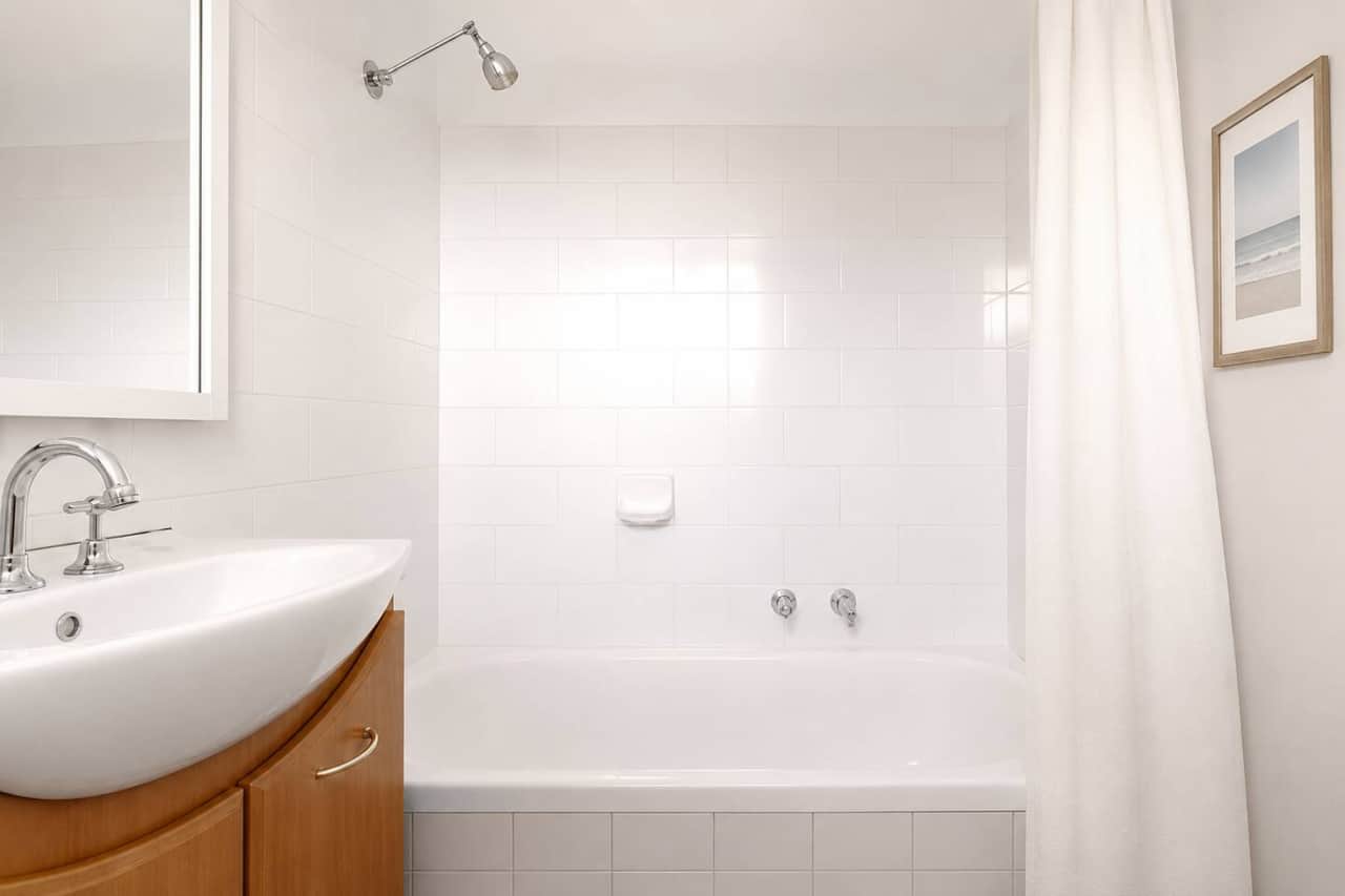 Clean, simple and functional bathroom with a shower over the bath, vanity and good natural light. It’s an older bathroom, but well maintained and practical for a comfortable stay.
