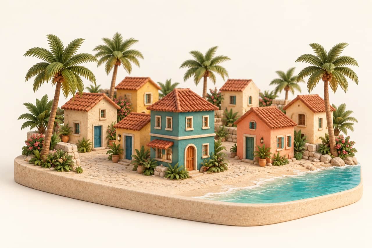 Daylight miniature of island houses, palm trees and turquoise water