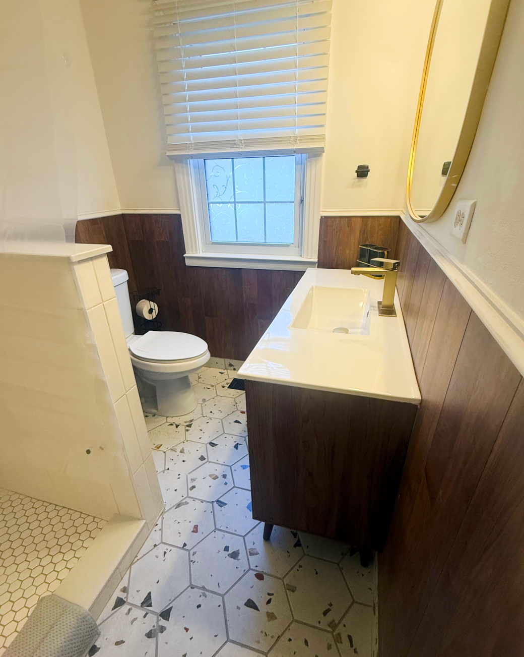Downstairs bathroom with walk in shower