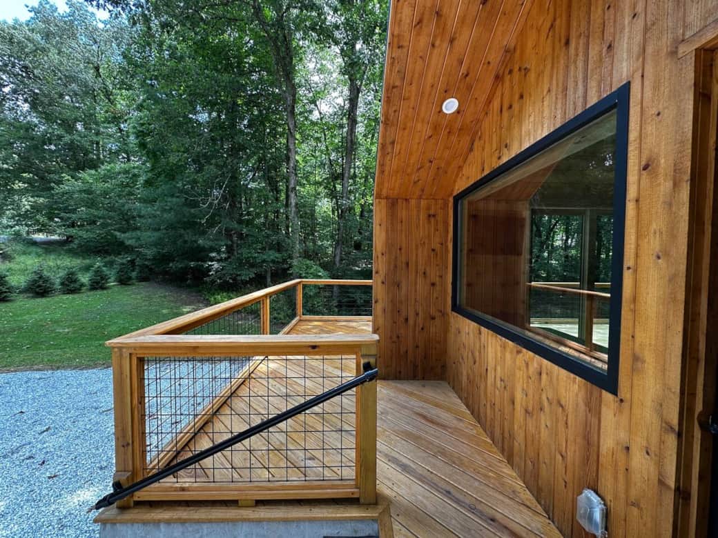 Beautiful natural wood finishes and spacious porch for relaxing mornings and evenings outdoors. Beautiful natural wood finishes and spacious porch for relaxing mornings and evenings outdoors.