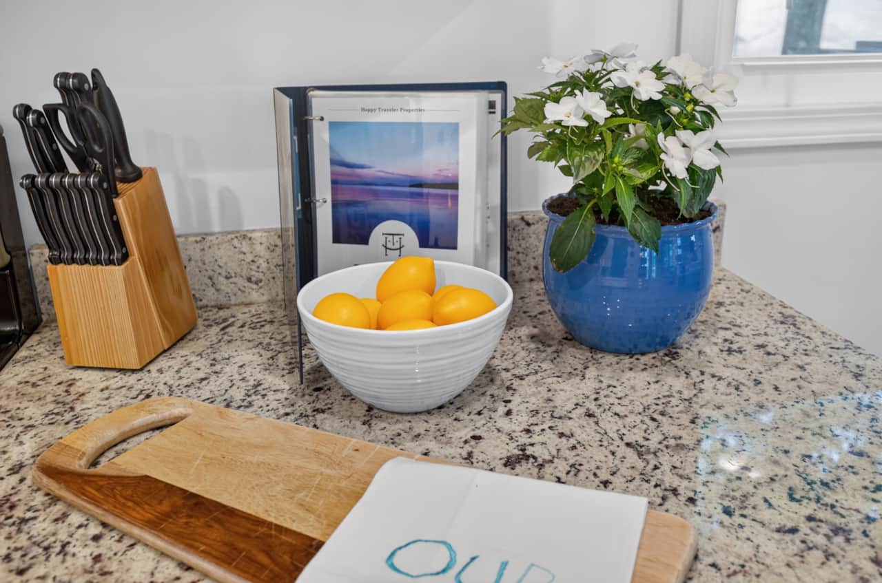The kitchen island adds space for sitting and serving