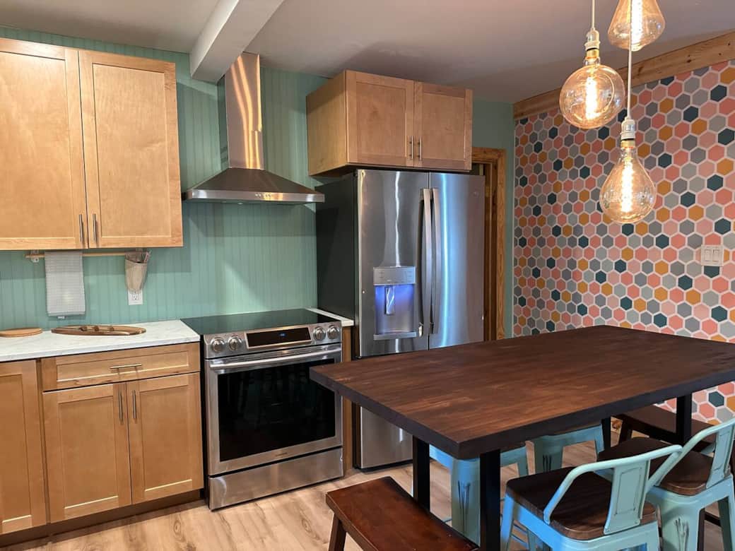 Kitchen is fun and well equipped. High end appliances