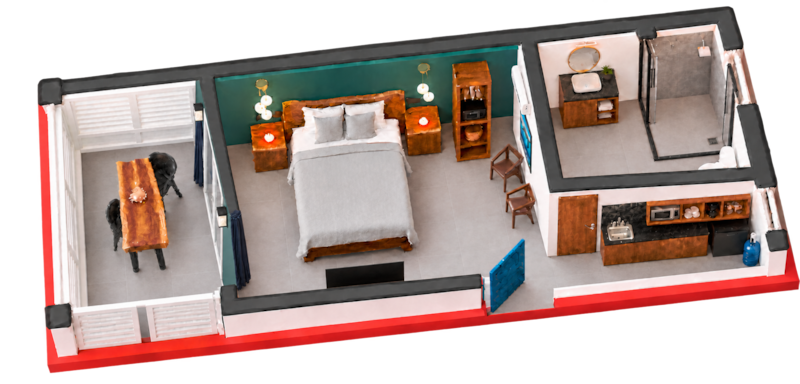 3D floor plan of Sirenas Studio, the ground-floor studio
