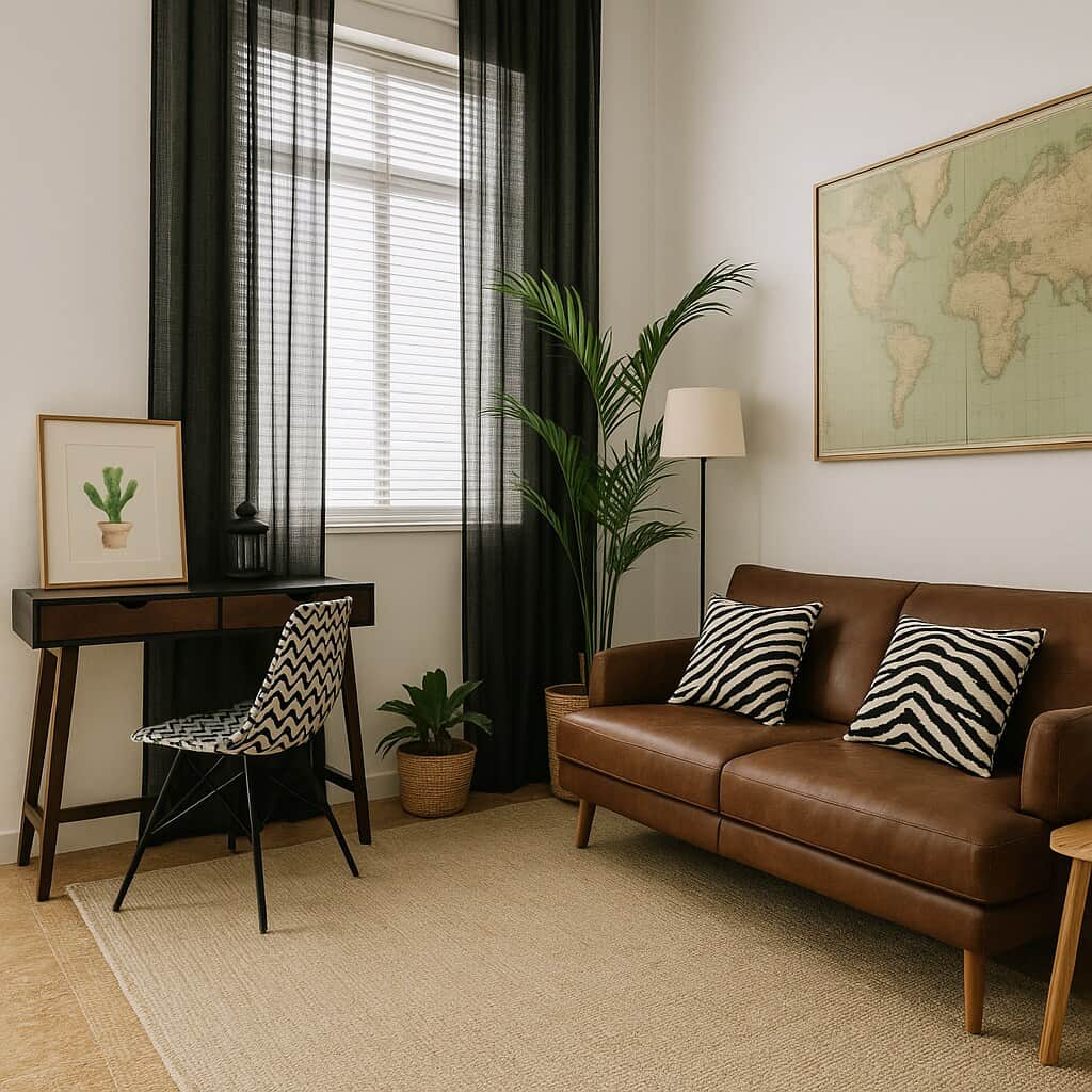 Sala/estudio con luz natural. Sofá cama cómodo, escritorio de madera y alfombra de yute para un ambiente cálido y moderno. Perfecto para leer, planificar rutas o atender videollamadas.