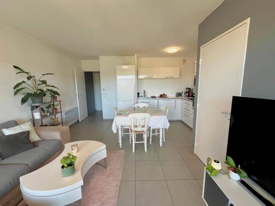 salon, salle à manger, table à manger, cuisine, télévision, terrasse