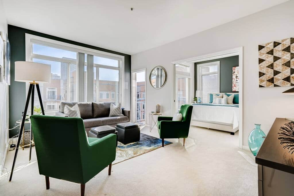 Spacious living room with comfortable American Leather sleeper sofa