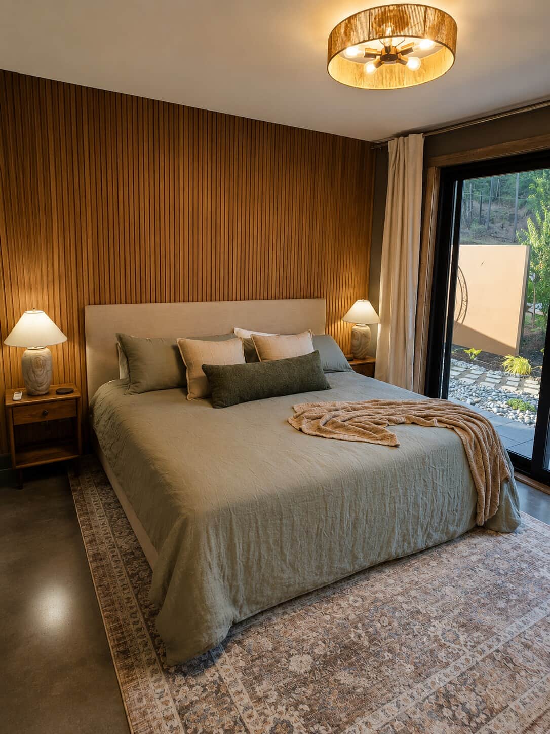Retreat to the primary king suite with soft linen bedding. Step through floor-to-ceiling patio doors and follow the garden path to a secluded daybed, where slow mornings begin with coffee and sunshine.