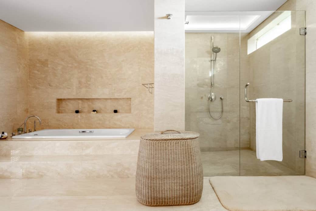 Master bedroom ensuite  luxurious marble bathroom. With bathtub, stand alone shower and toilet. 