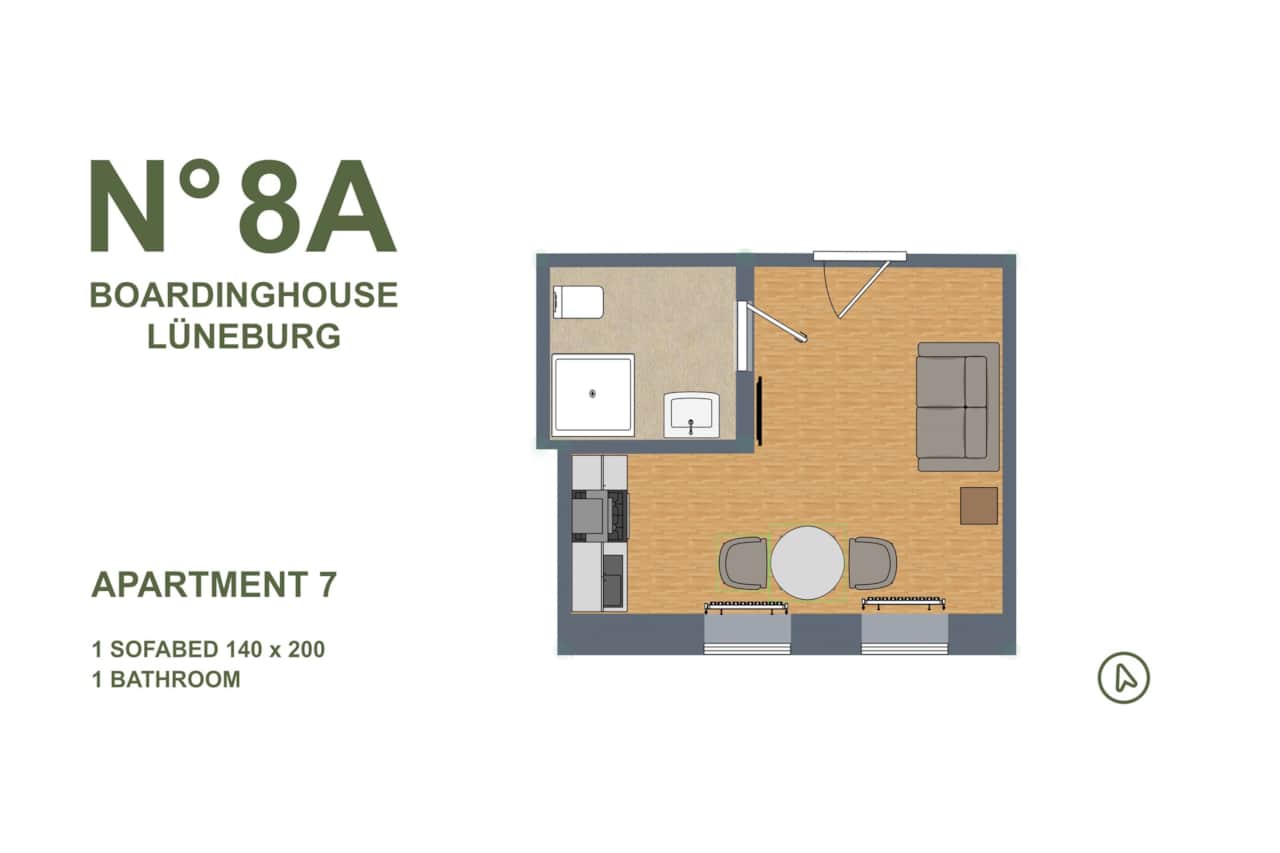 Effizienter Grundriss mit eigenem Bad und Küche im N°8A Boardinghouse Lüneburg