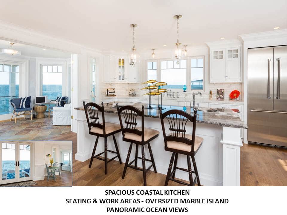 Center island in kitchen with ample ocean views