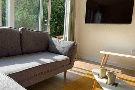 Large comfortable sofa with large TV to enjoy a family movie night.