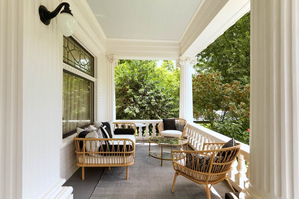 Front porch lounge for morning sips of coffee or cocktail hour libations.