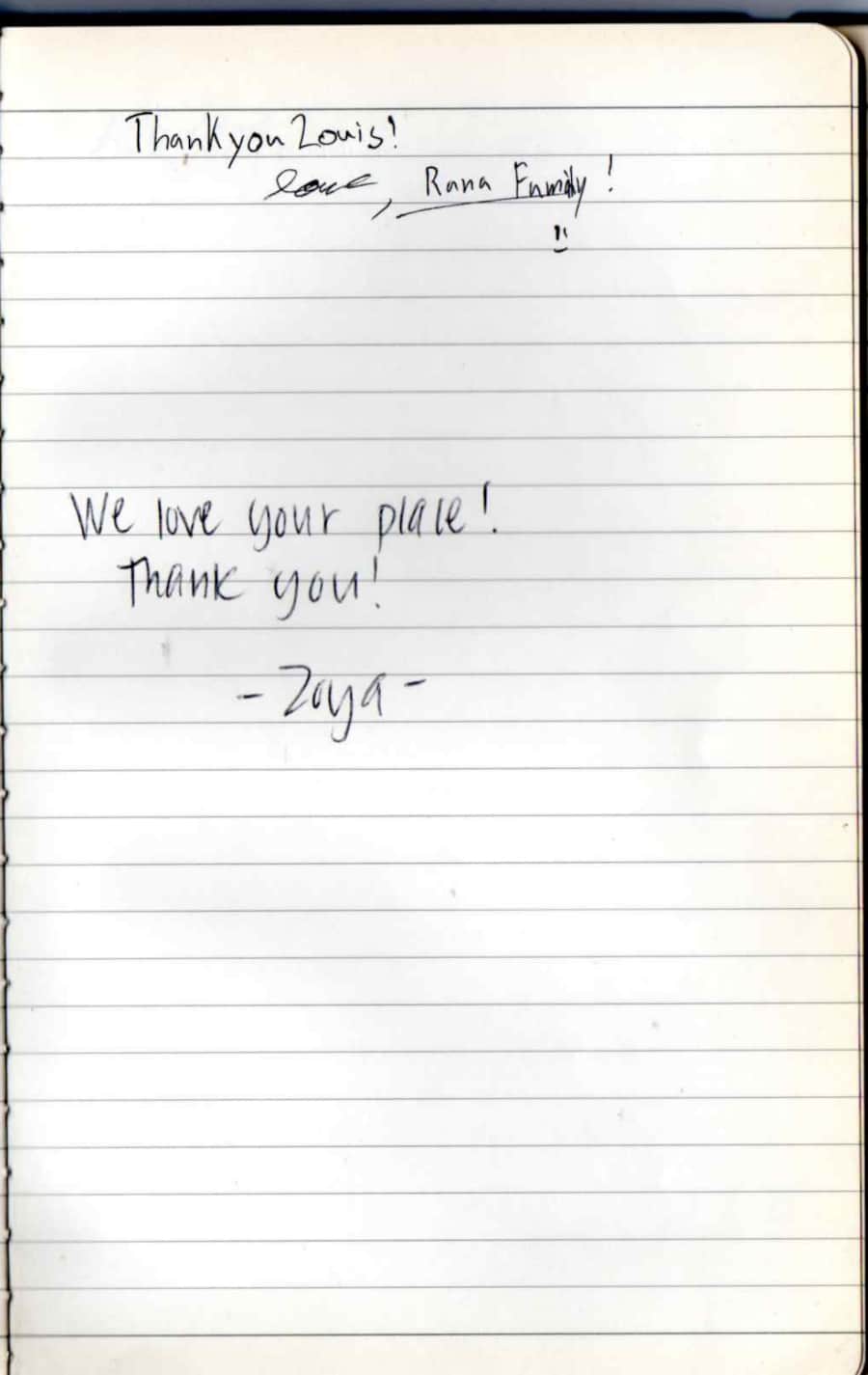 Handwritten guest note from Raya P09 guest book