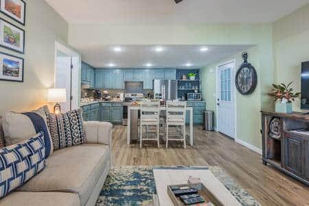 Open floor plan with a door to the bedroom, bathroom, and laundry area for privacy. 