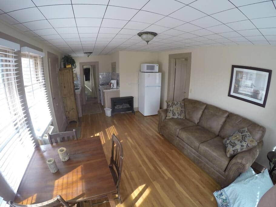 cabin kitchen and living area