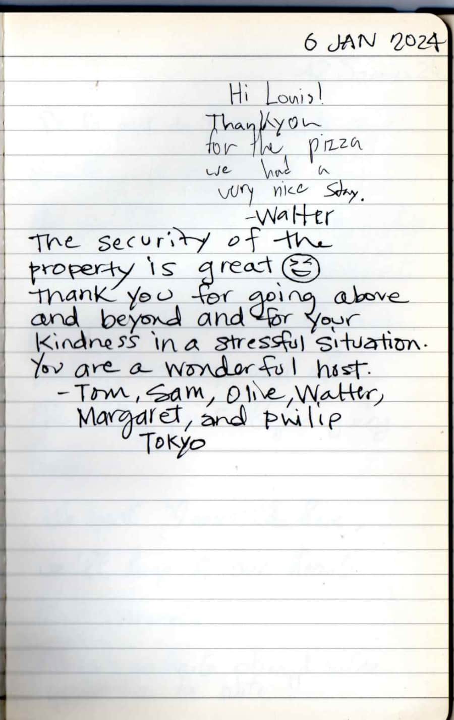 Handwritten guest note from Raya P09 guest book