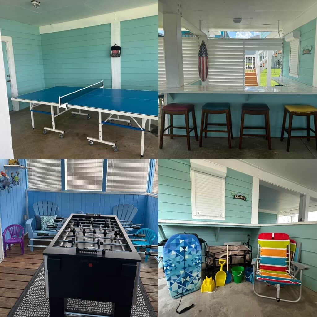Outdoor Ping Pong Table, in Bar Area, Beach necessities, and Foosball available for all guest!