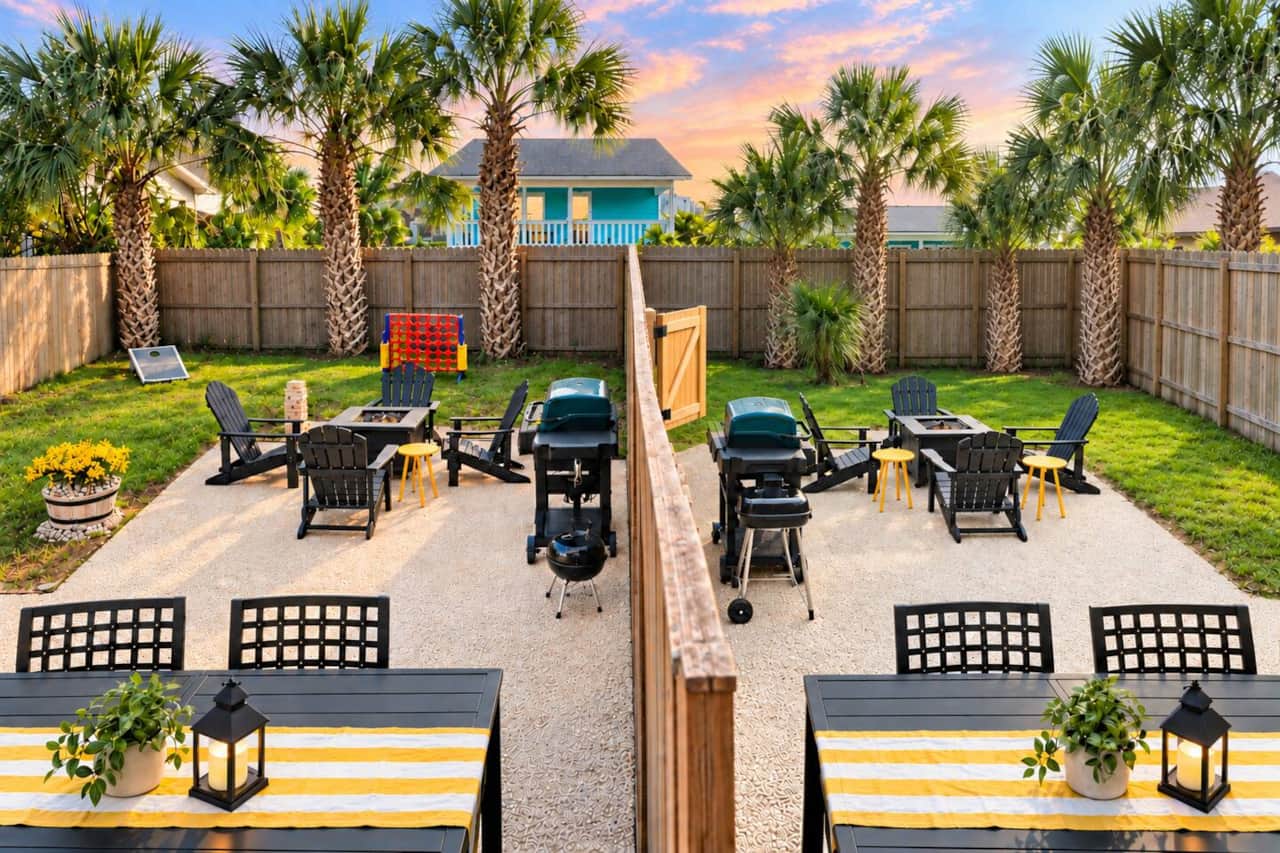 Book both sides of The Yellow Retreat and enjoy two fenced yards connected by a gate, two covered dining patios, fire pits, electric and charcoal BBQs, cornhole, and giant four-in-a-row. Stay together with the comfort of two separate homes