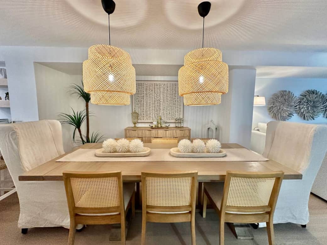 Spacious dining table with room for everyone to gather, share a meal, or play late-night games.