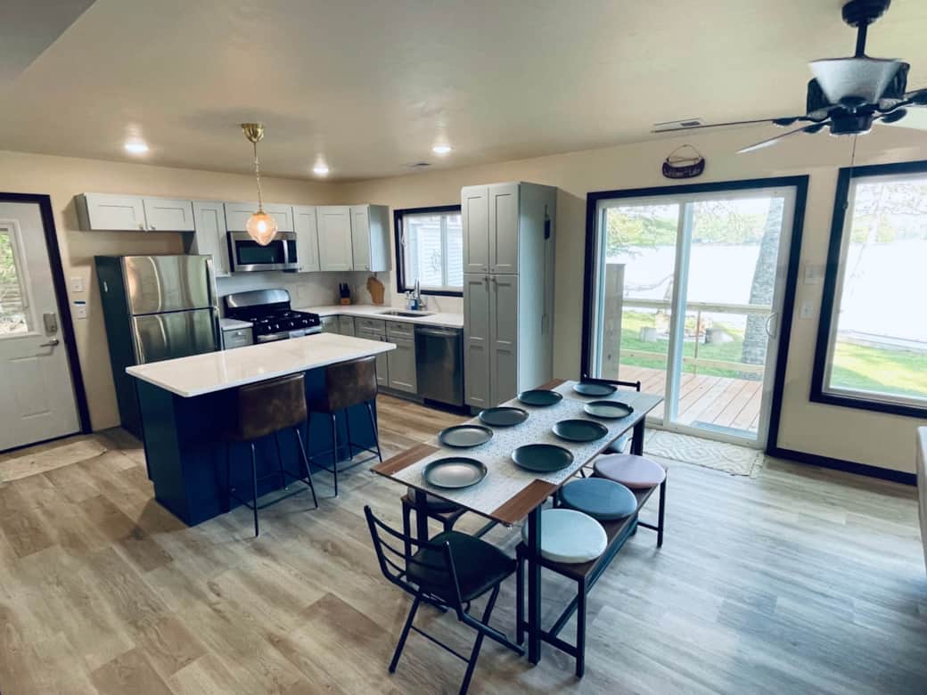 Dining room and kitchen with island