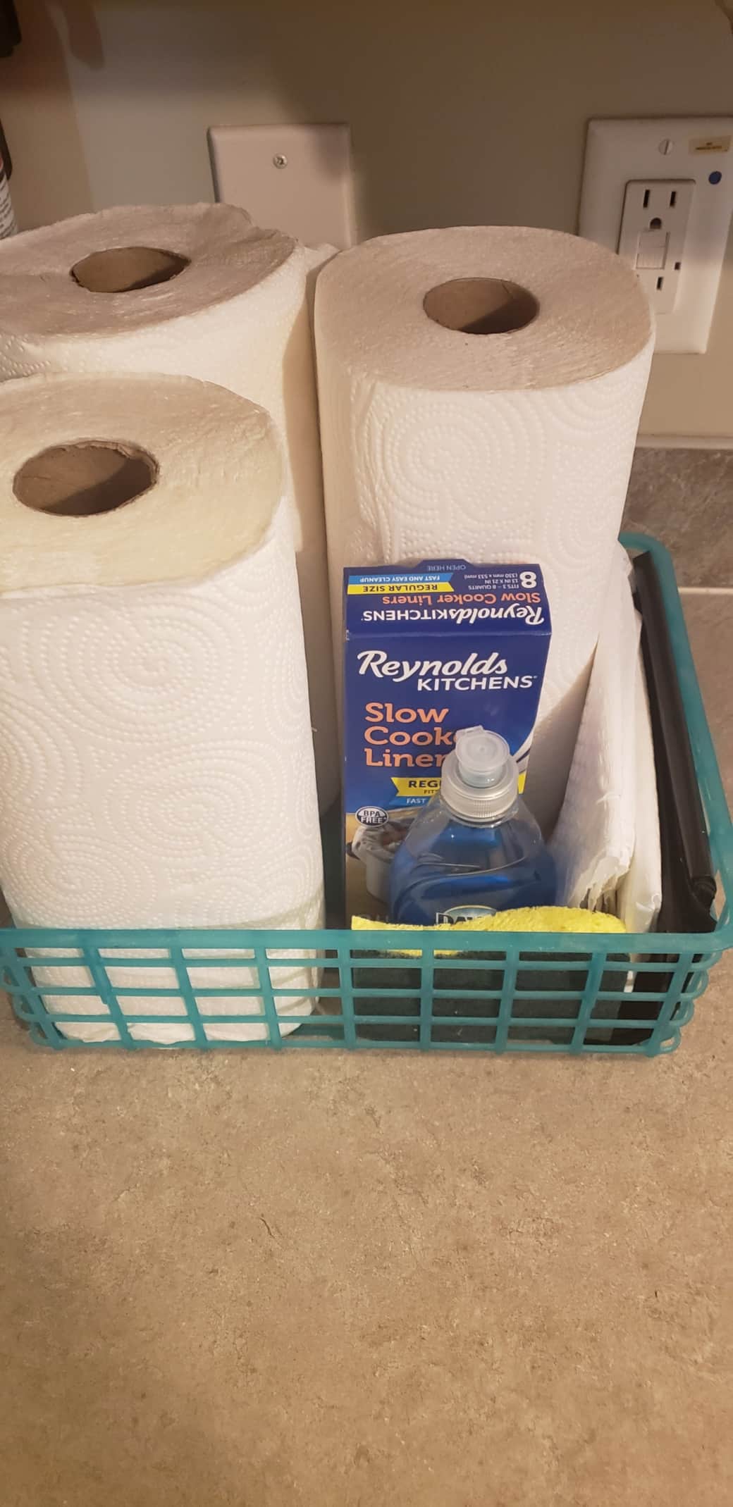 Items left for guests PT, Trash bags, Dish Soap, Sponge and Liners for the Crock Pot