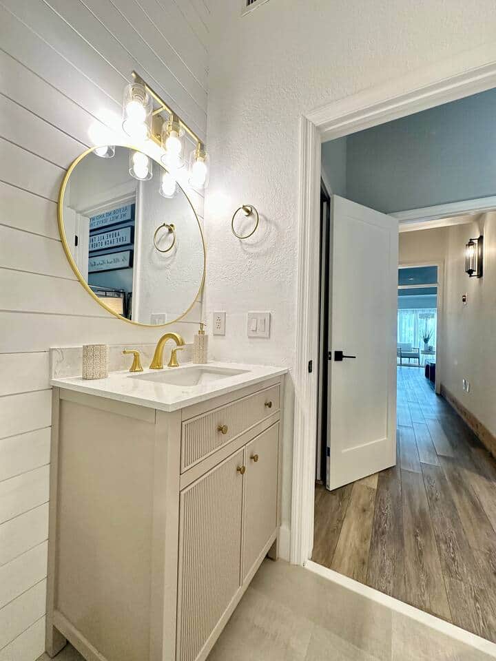 Brand New Bathroom with shower and gold fixtures July 2025
