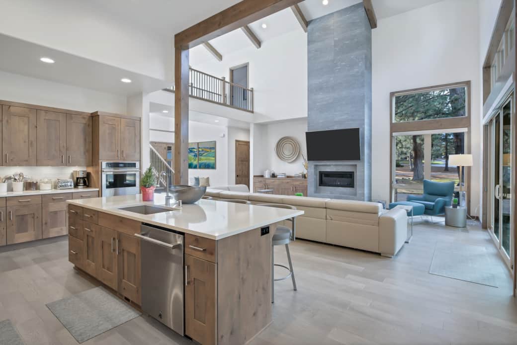Huge chef's kitchen and open floor plan into Great Room with Power Reclining Leather Sectional