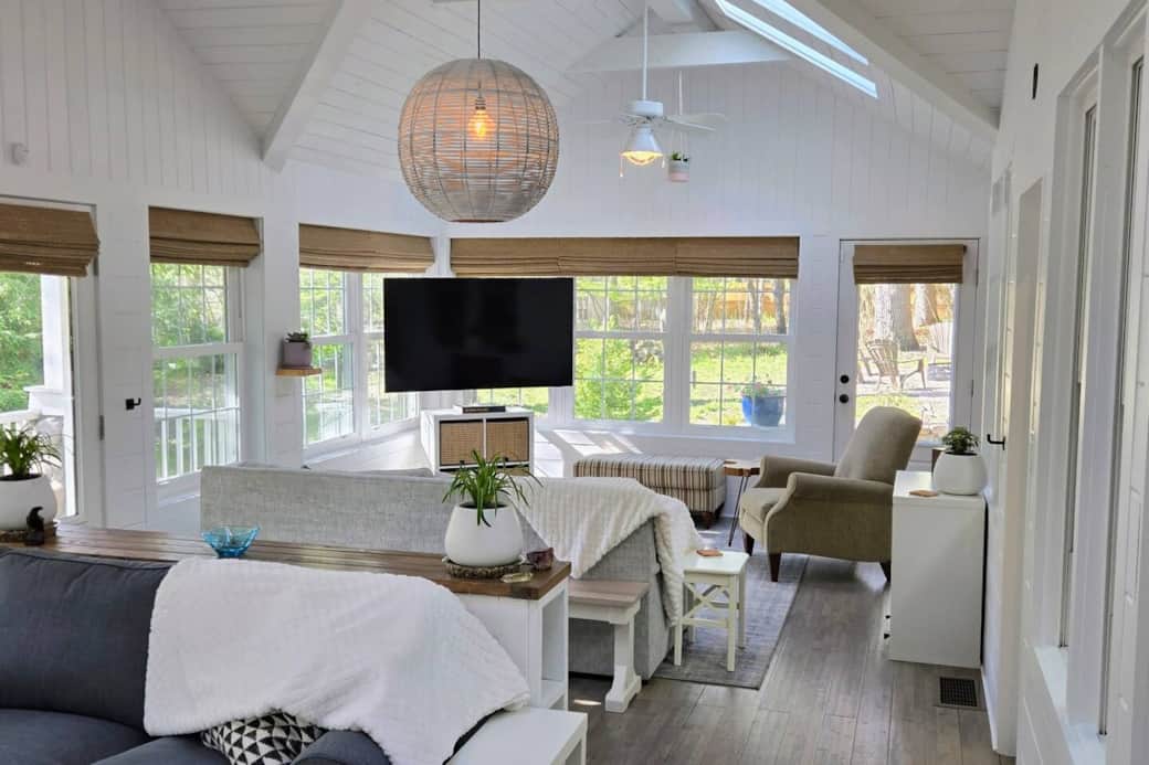 The front living room. Designed by a local architect in 2014 and added to the original 1955 cottage.
