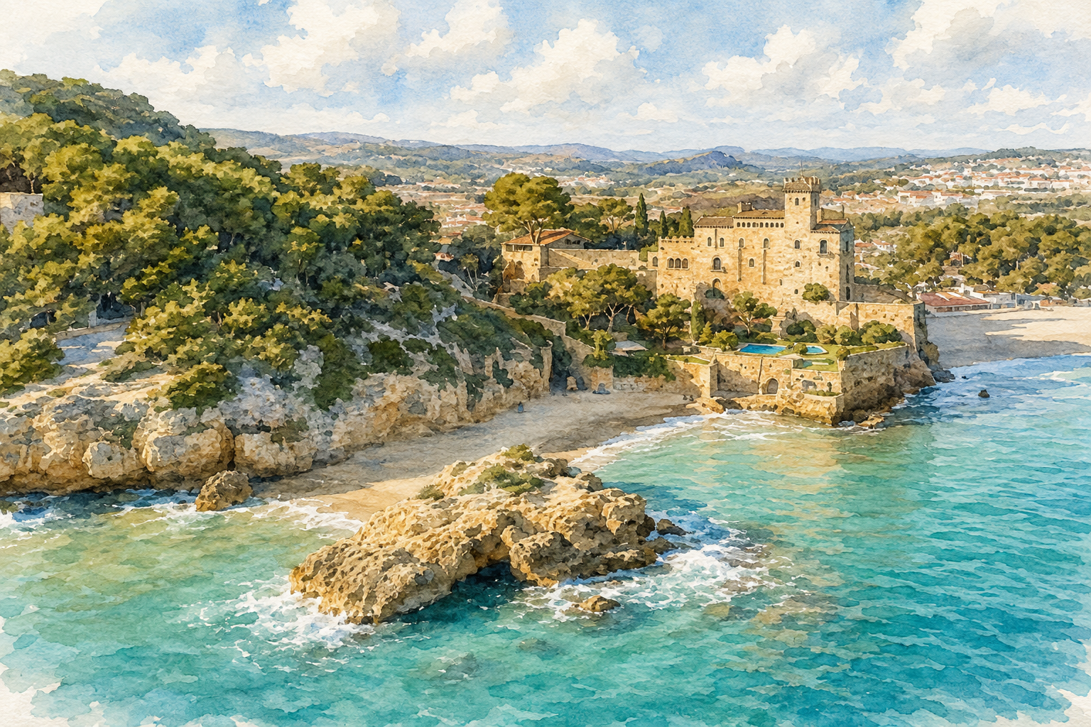 Watercolour of Tamarit Castle on the Mediterranean coast