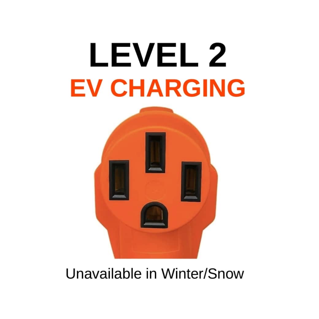 Outside winter, bottom-of-driveway Level 2/220v charging available with supplied 14-50 Tesla adapter. Requires your portable charge cable. Winter: 110v outlet provided at top of driveway. 3pm-8am @110v adds 45 mile range.