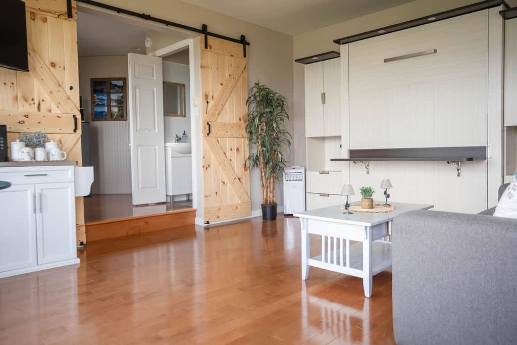 Private Living Space with Barn Doors, Lounge Area and Coffee Bar
