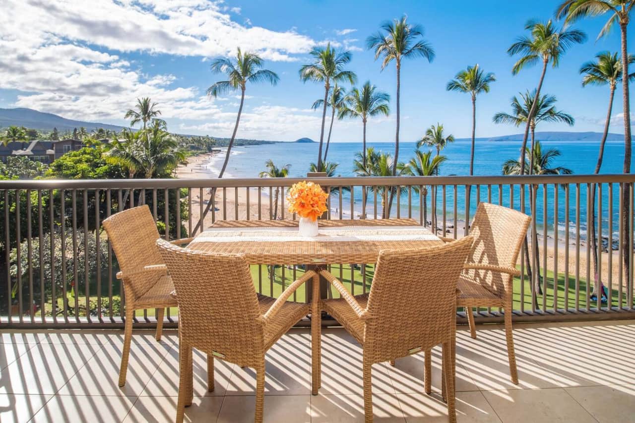 The view is even better in person than in pictures! It’s like walking into a postcard! The lanai has comfy chairs and ottomans along with a table that can seat 6 if needed. This is where you will want to eat all your meals! 
