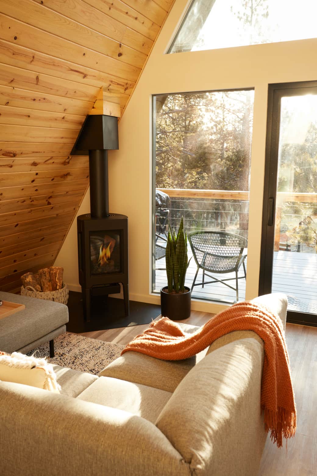 Living room with free standing gas stove