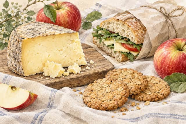 Watercolour illustration of cheese, a sandwich, oat biscuits and apples