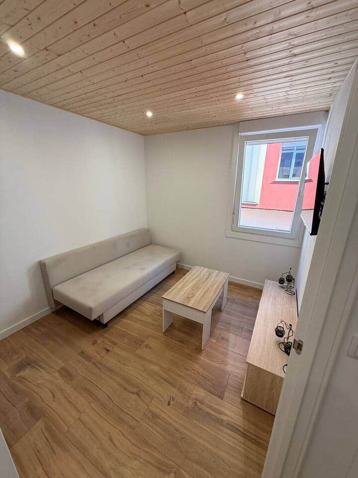 Salón con sofá cama, TV y mesa de centro