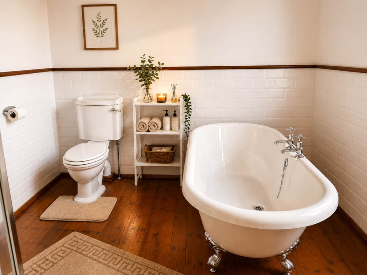 Bedroom 1 en-suite with a claw-foot freestanding bath and metro-tiled walls.
