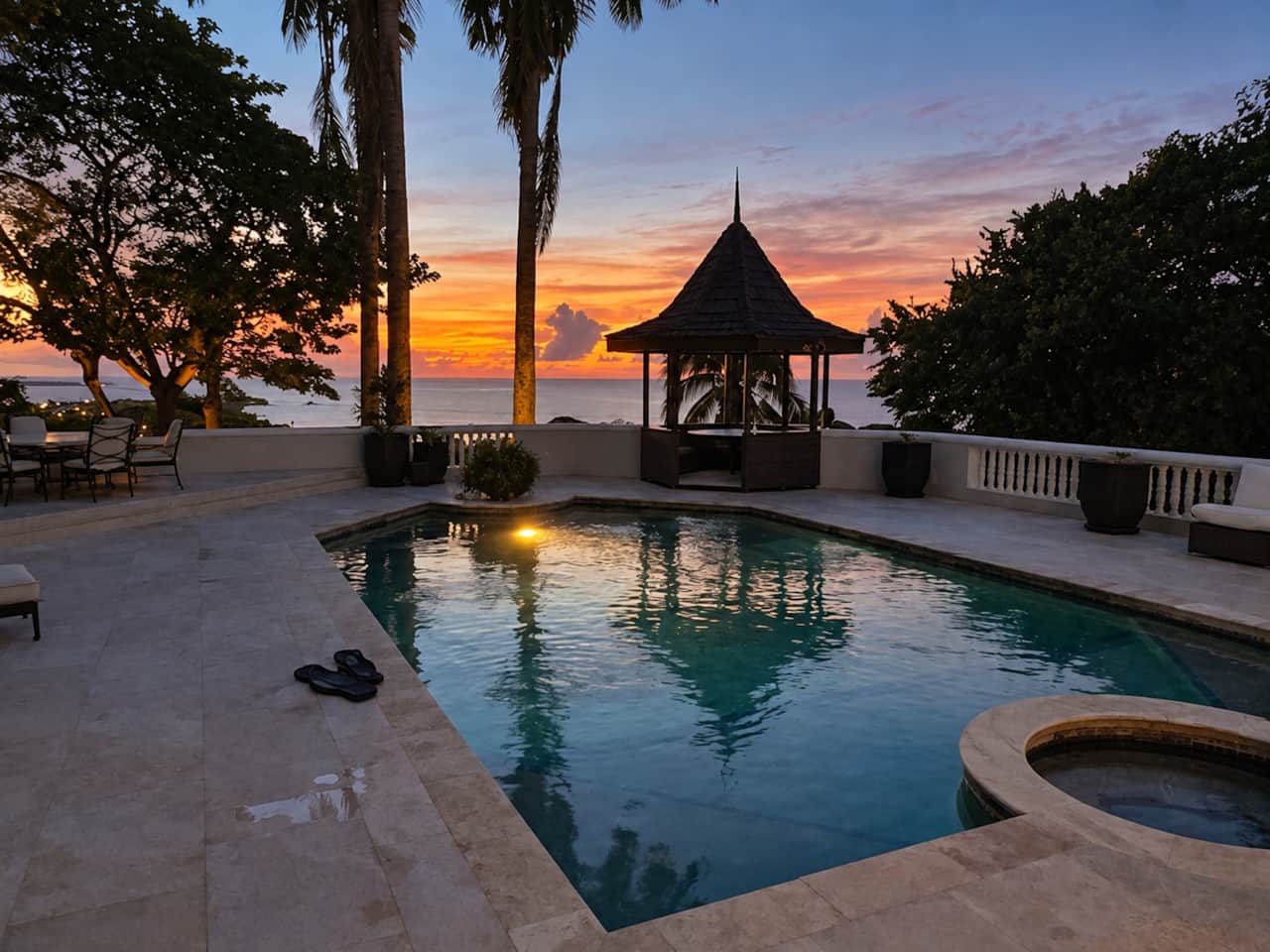 Sol Y Mar pool, cabana and Caribbean sunset