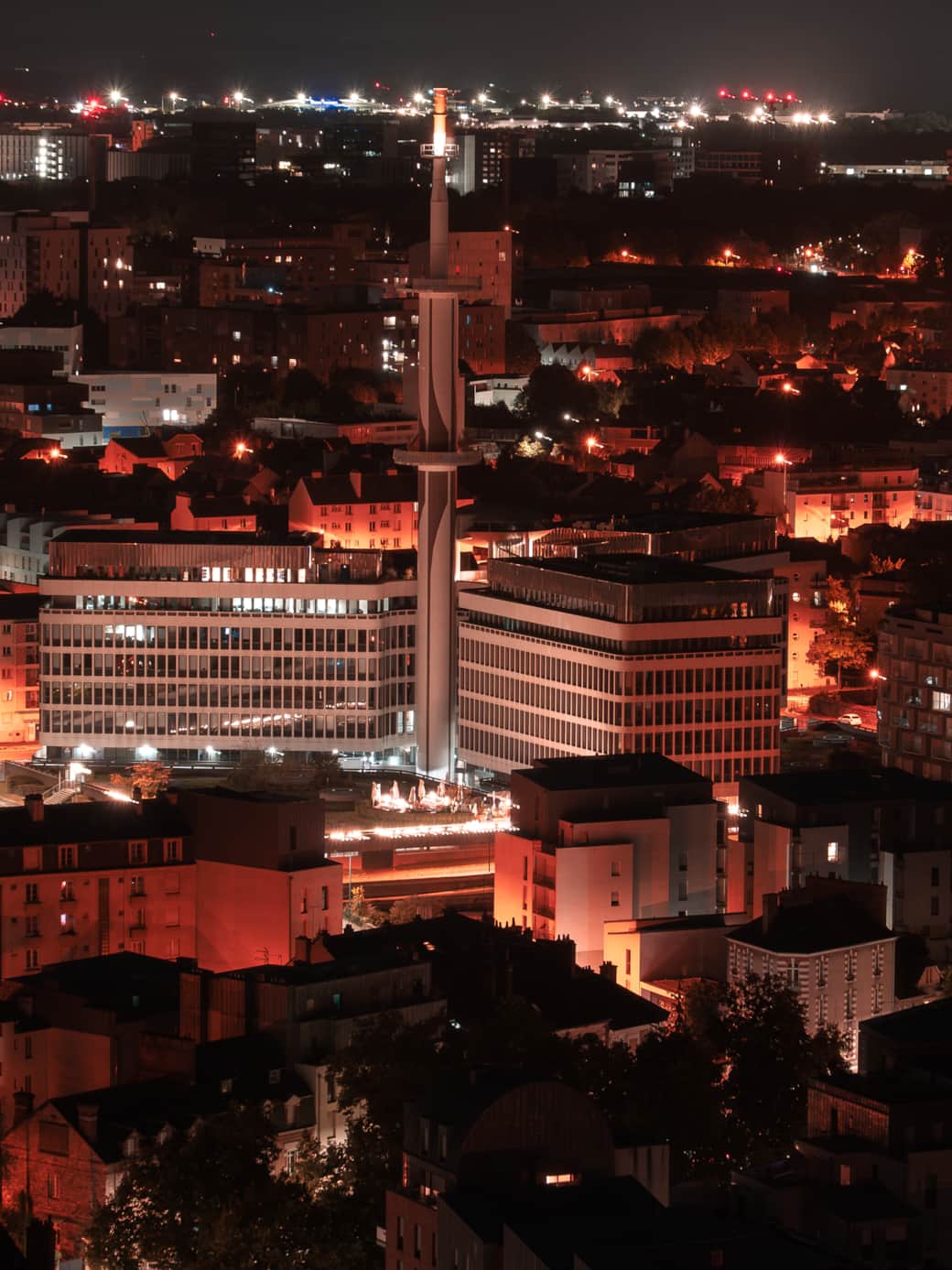 Panoramic view of Rennes love room skyline at night, 90 metres high, romantic