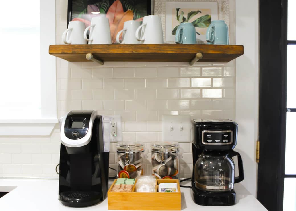 Stocked organic coffee & tea station with multiple sweeteners