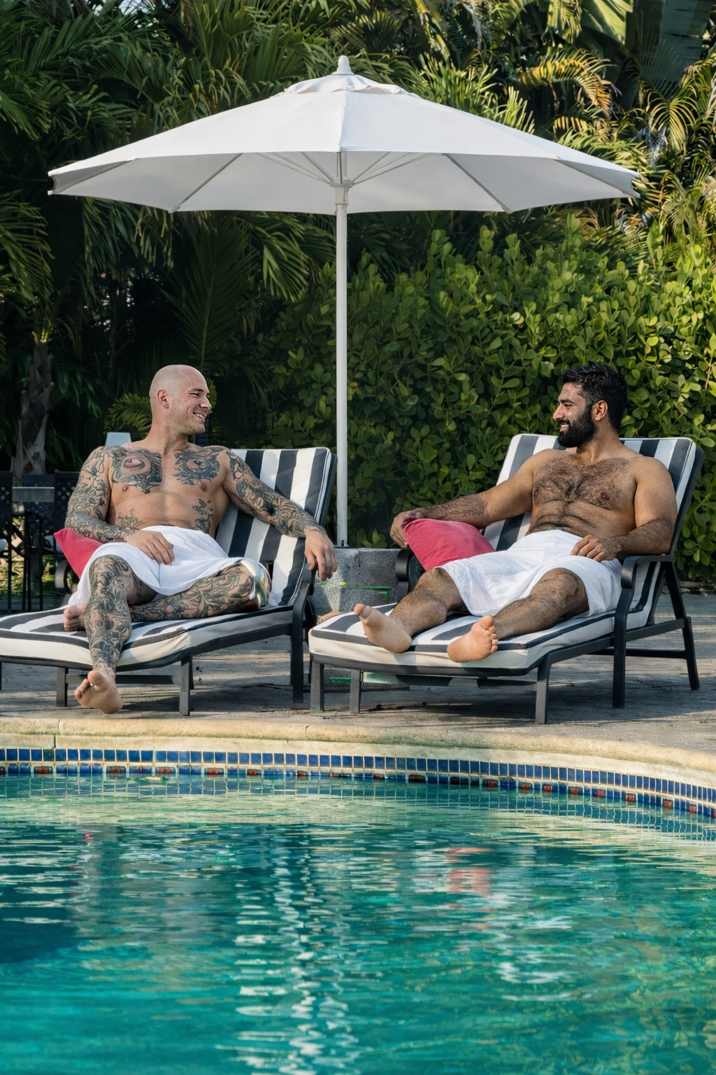 Two strangers this morning… now sharing a quiet moment poolside, wrapped in white sarongs, sun on their skin and nowhere else to be.  At Casa Citron, connections happen naturally—unforced, unspoken, and just a little charged.