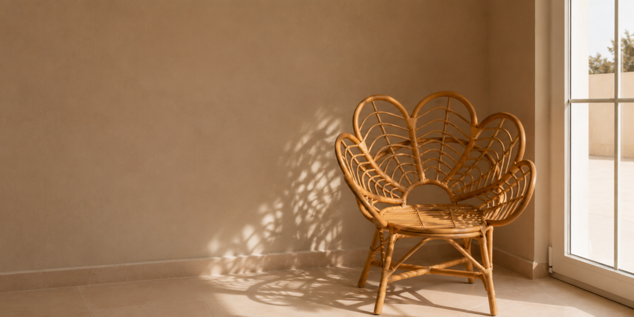 A sunlit rattan chair at Villa Pastida II, a family villa in Pastida, Rhodes.