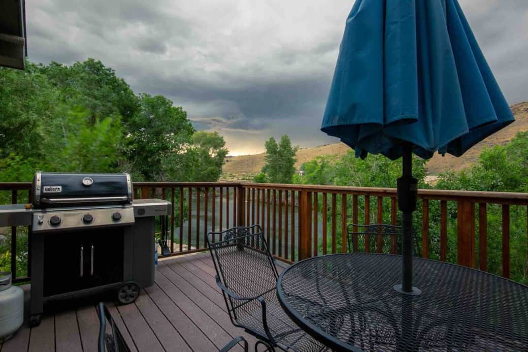 Back deck with gas grill, and beautiful views of the Arkansas river and Tenderfoot mountain.