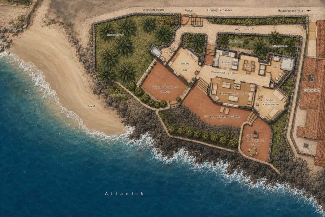 Rocadelmar1 stylised floor plan with beach and ocean adjacent