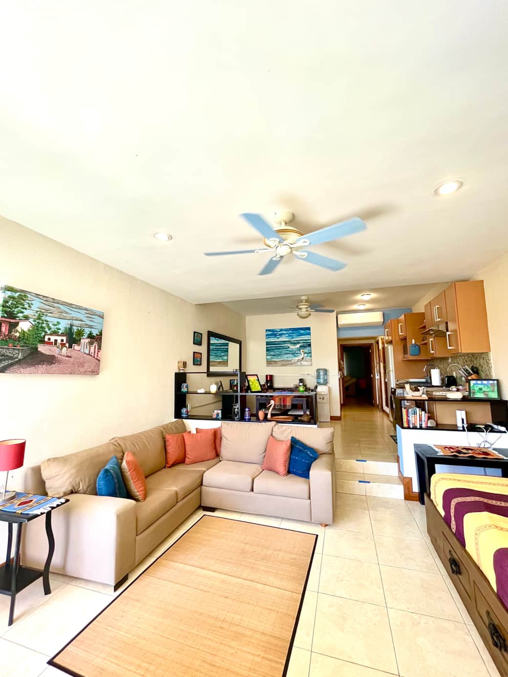 Oversized sofa and twin sized sofa-bed for extra guests.