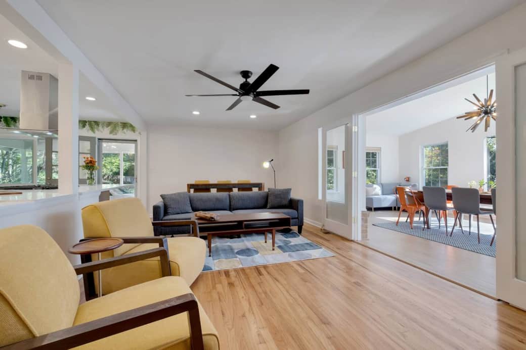 View from TV into great room and sun room