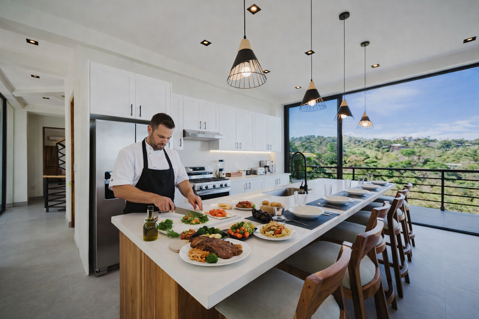 Private chef preparing a gourmet meal inside a luxury villa in Manuel Antonio, Costa Rica