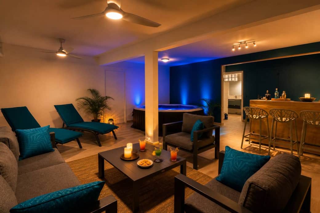 Espace lounge avec jacuzzi au sel et bar à cocktails