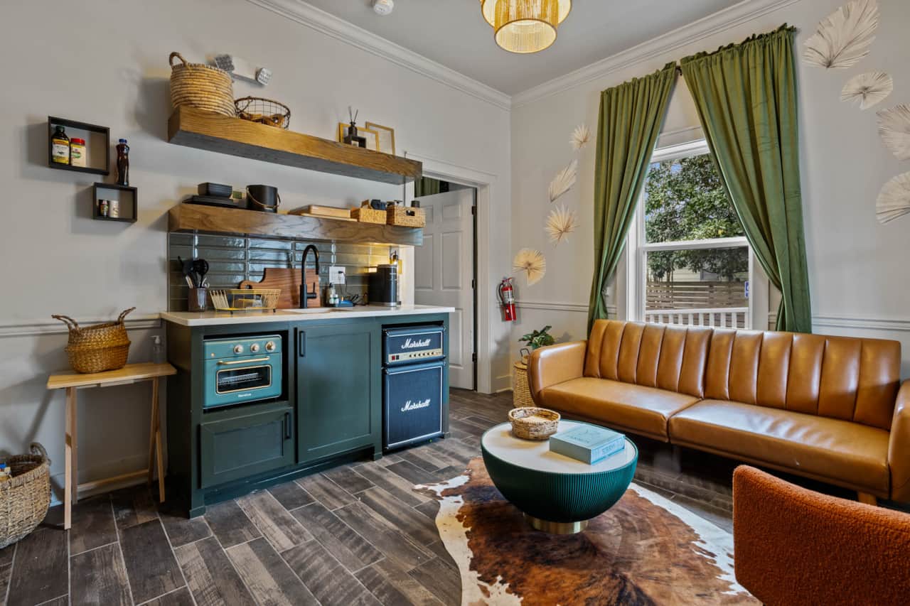 Our tiny kitchens are stocked with a fridge,toaster oven/airfyer,Keurig,plug in stovetop and blender